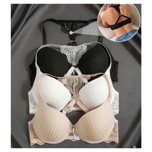 3pcs Elegant Lace Front Closure Push-Up Bra Set White, Black & Nude Size 36B US